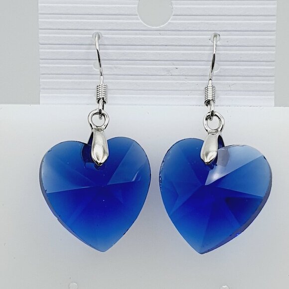 Royal Blue Crystal Heart Dangle Earrings, AZFA1182 - Picture 1 of 10